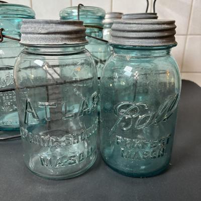 Lot 221: Vintage Washboards, Apple Cider Jug (Tin Wrapped in Wood), Mason Jars in Metal Caddy