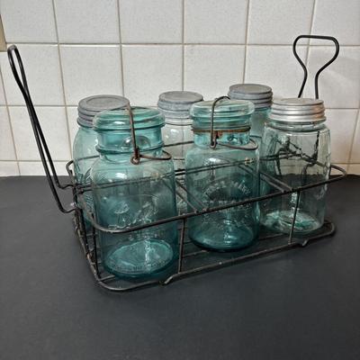 Lot 221: Vintage Washboards, Apple Cider Jug (Tin Wrapped in Wood), Mason Jars in Metal Caddy