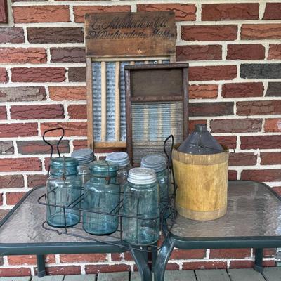 Lot 221: Vintage Washboards, Apple Cider Jug (Tin Wrapped in Wood), Mason Jars in Metal Caddy