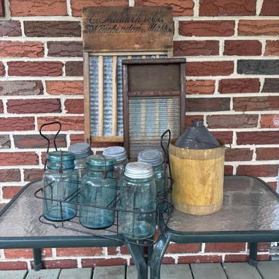 Lot 221: Vintage Washboards, Apple Cider Jug (Tin Wrapped in Wood), Mason Jars in Metal Caddy