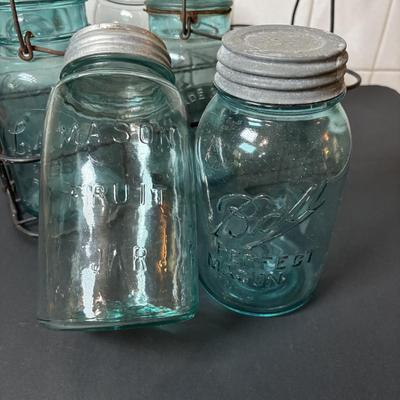 Lot 221: Vintage Washboards, Apple Cider Jug (Tin Wrapped in Wood), Mason Jars in Metal Caddy