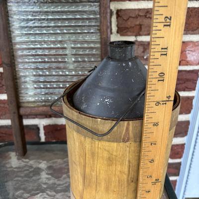 Lot 221: Vintage Washboards, Apple Cider Jug (Tin Wrapped in Wood), Mason Jars in Metal Caddy