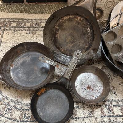 Lot 222: Vintage Ekco Commercial Muffin Pan, Cast Iron Pot, Tin Pans, Grater and More