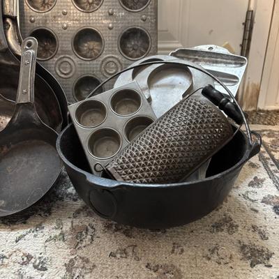 Lot 222: Vintage Ekco Commercial Muffin Pan, Cast Iron Pot, Tin Pans, Grater and More