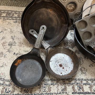 Lot 222: Vintage Ekco Commercial Muffin Pan, Cast Iron Pot, Tin Pans, Grater and More
