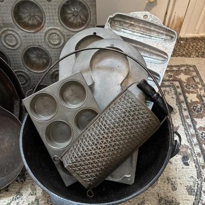 Lot 222: Vintage Ekco Commercial Muffin Pan, Cast Iron Pot, Tin Pans, Grater and More
