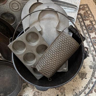 Lot 222: Vintage Ekco Commercial Muffin Pan, Cast Iron Pot, Tin Pans, Grater and More