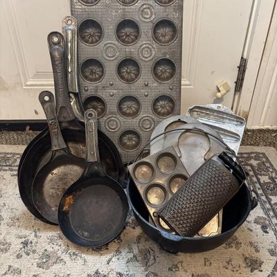 Lot 222: Vintage Ekco Commercial Muffin Pan, Cast Iron Pot, Tin Pans, Grater and More