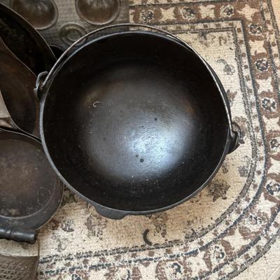 Lot 222: Vintage Ekco Commercial Muffin Pan, Cast Iron Pot, Tin Pans, Grater and More