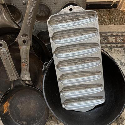 Lot 222: Vintage Ekco Commercial Muffin Pan, Cast Iron Pot, Tin Pans, Grater and More
