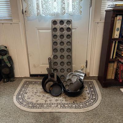 Lot 222: Vintage Ekco Commercial Muffin Pan, Cast Iron Pot, Tin Pans, Grater and More