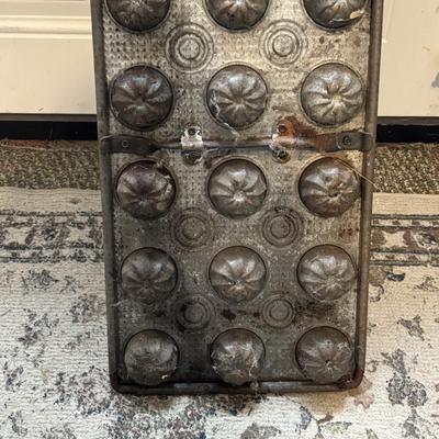 Lot 222: Vintage Ekco Commercial Muffin Pan, Cast Iron Pot, Tin Pans, Grater and More