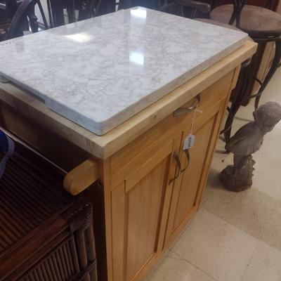 Oak Finish Stationary Kitchen Island with Added Marble Slab Top