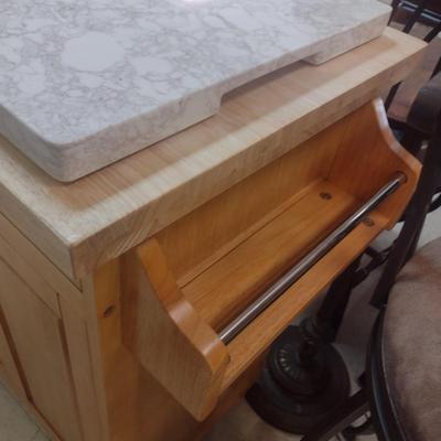 Oak Finish Stationary Kitchen Island with Added Marble Slab Top