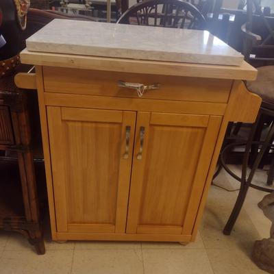 Oak Finish Stationary Kitchen Island with Added Marble Slab Top