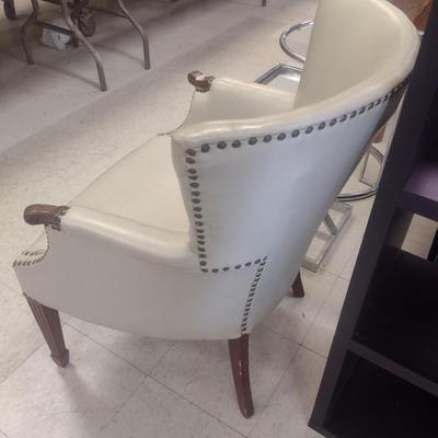 Mid Century Leather Wingback Chair with Brass Tack Accents