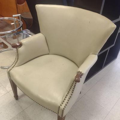 Mid Century Leather Wingback Chair with Brass Tack Accents