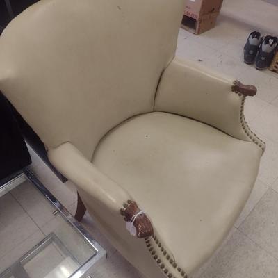Mid Century Leather Wingback Chair with Brass Tack Accents