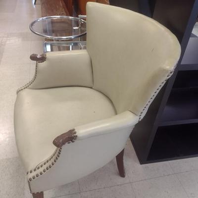 Mid Century Leather Wingback Chair with Brass Tack Accents
