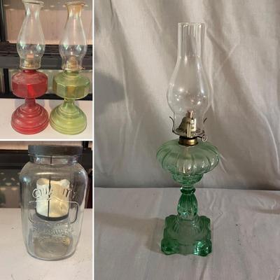 Three Oil Lamps & Mason Jar with Candle Inside (G-MG)