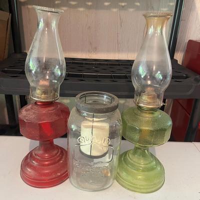 Three Oil Lamps & Mason Jar with Candle Inside (G-MG)