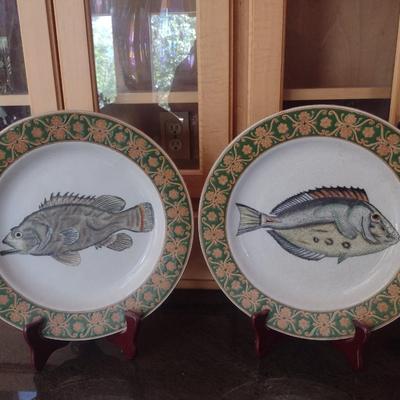 Pair of Heavy Pottery Chargers with Fish Theme