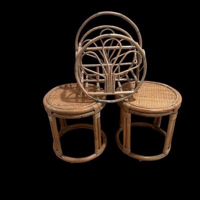 Pair of wicker side tables and magazine rack
