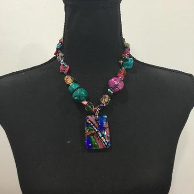 Beautiful multicolored shell, stone and glass statement necklace