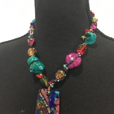 Beautiful multicolored shell, stone and glass statement necklace