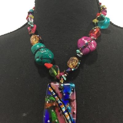 Beautiful multicolored shell, stone and glass statement necklace