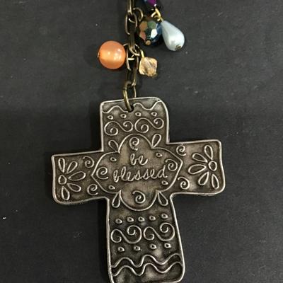 Cross pendant keychain with pretty rhinestones