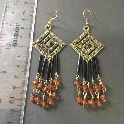 Beautiful BoHo bronze toned, black glass crystal bead, dangle earrings very nice