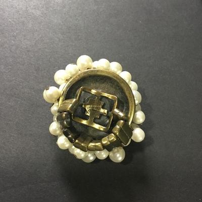 Vintage faux pearl stretch statement ring, bronze, toned