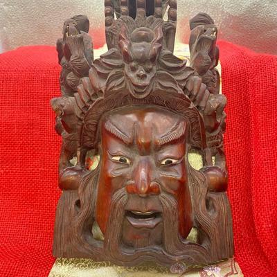 Sale Photo Thumbnail #179: The Male figure is 6 inches wide x 8 inches tall.
The are dragons on each side of the mask on the top, there is sone wear on the dragons teeth.

The female figure is 6 inches wide x 8 inches tall.  
There are birds on each side of the mask on the top port