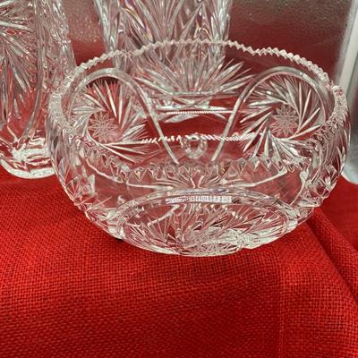 Sale Photo Thumbnail #202: Vintage crystal footed bowl, 7 inch diameter   
Handcut lead crystal pitcher, buzzstar pattern, made in Yugoslavia
Crystal ice bucket, Portico, 
All in good condition
Retail $140