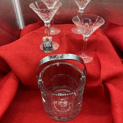 Sale Photo Thumbnail #212: Bucket is etched with Orefors logo, 6 inches tall
4 cocktail glasses in the Tempest pattern   6.5 inches tall
Excellent condition
Retail $160
