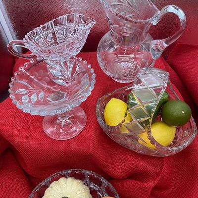 Sale Photo Thumbnail #213: 1970s cut crystal sauce boat, vintage crystal water pitcher,
Buzzstar pattern basket, pressed glass compote, pressed crystal bowl 'Celeste'
Retail at $250+
excellent condition