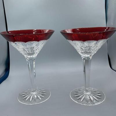 2 Simply Red Waterford Crystal Martini Glasses Signed