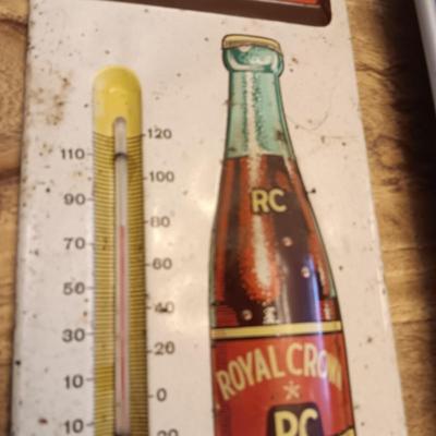 VINTAGE ROYAL CROWN COLA TIN THERMOMETER AND A COCA-COLA TRAY