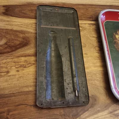 VINTAGE ROYAL CROWN COLA TIN THERMOMETER AND A COCA-COLA TRAY