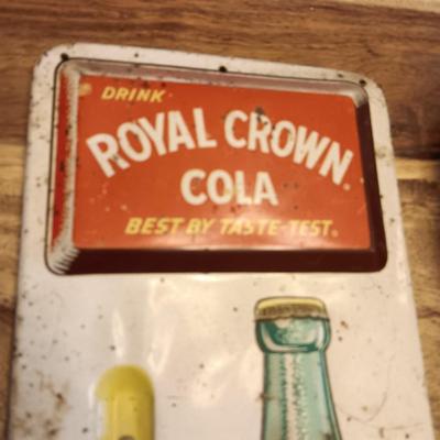 VINTAGE ROYAL CROWN COLA TIN THERMOMETER AND A COCA-COLA TRAY