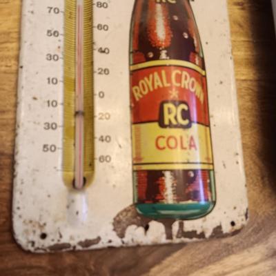 VINTAGE ROYAL CROWN COLA TIN THERMOMETER AND A COCA-COLA TRAY