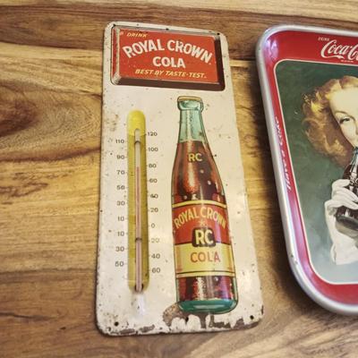 VINTAGE ROYAL CROWN COLA TIN THERMOMETER AND A COCA-COLA TRAY