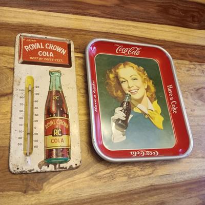 VINTAGE ROYAL CROWN COLA TIN THERMOMETER AND A COCA-COLA TRAY