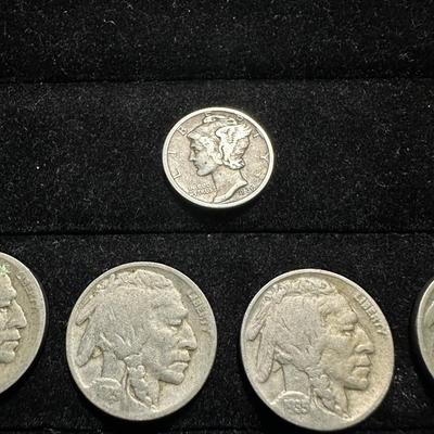 INDIAN HEAD BUFFALO NICKELS AND A MERCURY DIME