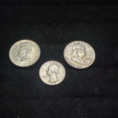 1965 KENNEDY HALF DOLLAR, 1963 FRANKLIN HALF DOLLAR AND 1964 QUARTER
