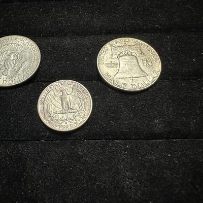 1965 KENNEDY HALF DOLLAR, 1963 FRANKLIN HALF DOLLAR AND 1964 QUARTER