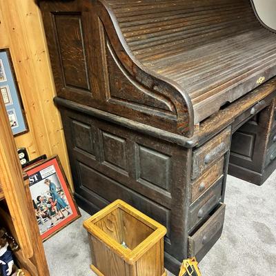 Antique Derby Roll Top Desk in Excellent condition—solid oak--32 1/2 inches deep x 53 1/2 inches wide x 51 inches high at its highest...
