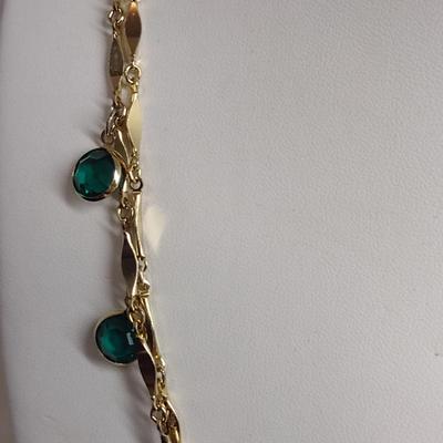 Gold Tone Necklace with Green Glass Accents- Approx 50" Long (#29)