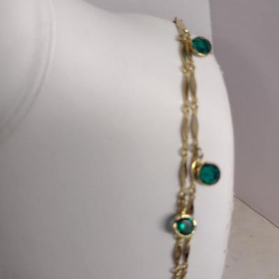 Gold Tone Necklace with Green Glass Accents- Approx 50" Long (#29)